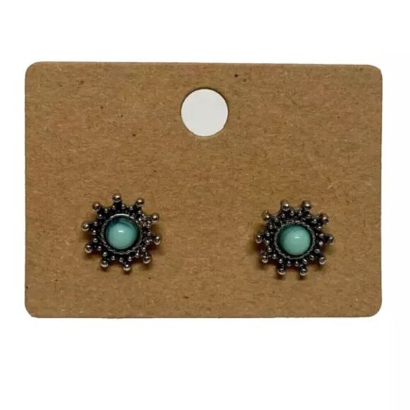 Aqua Color Silver Tone Round Stud Earrings Casual Beach Art Fashion Jewelry - Picture 1 of 6